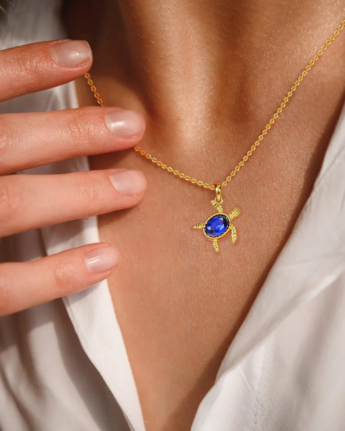 Gold Turtle Necklace with Blue Gem - Molenia Jewelry