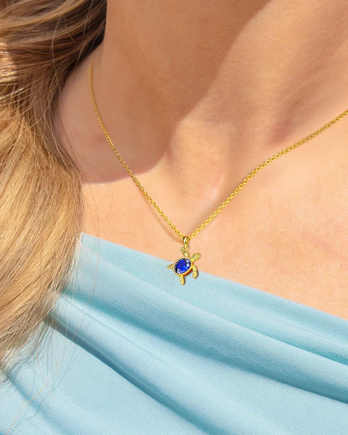 Gold Turtle Necklace with Blue Gem - Molenia Jewelry
