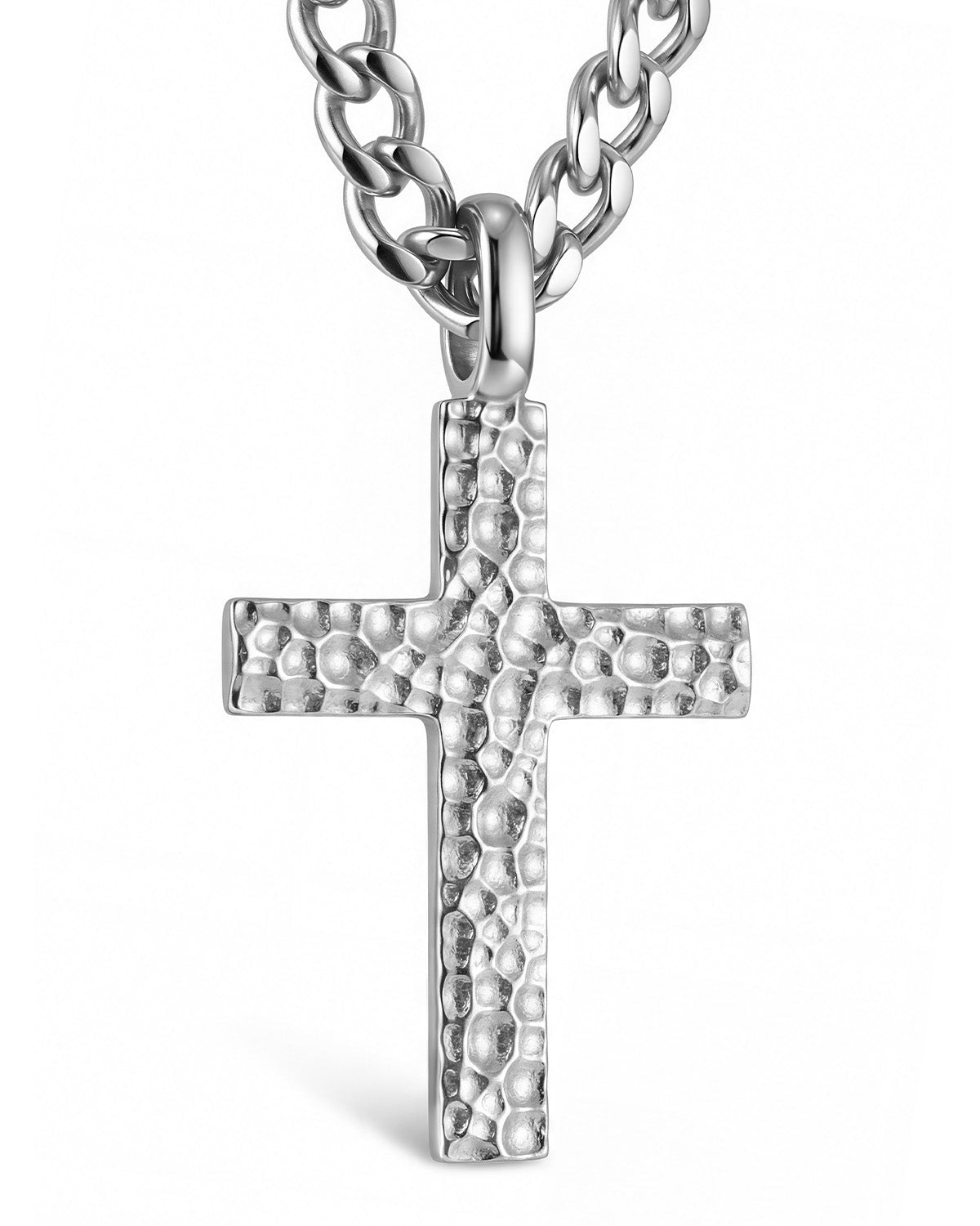 Mens Cross Necklace | Hammered 925 Sterling Silver Pendant