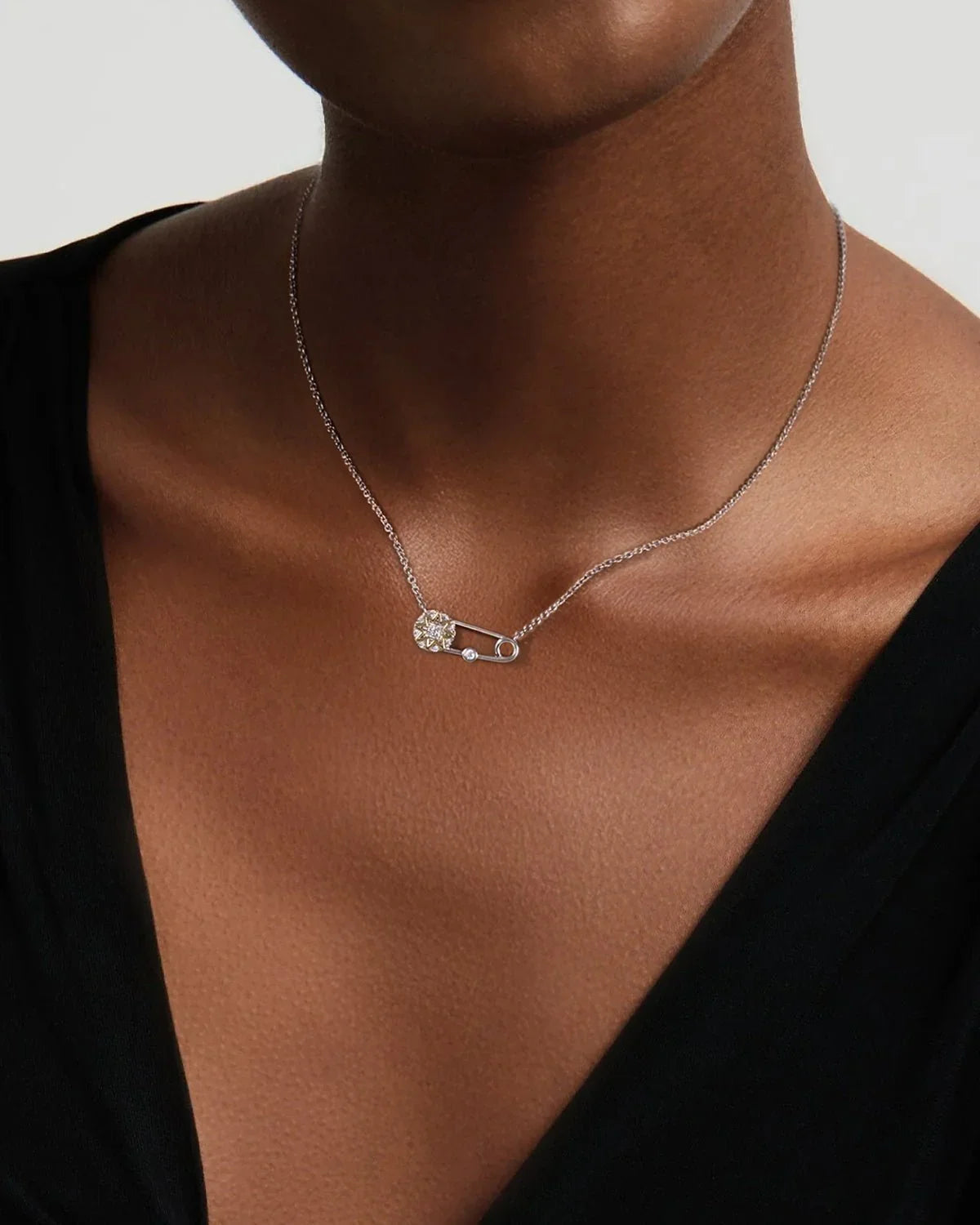safety pin necklace with star pendant and cubic zirconia