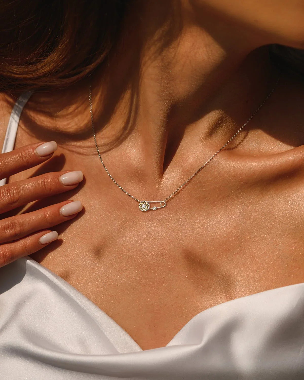 safety pin necklace with star pendant and cubic zirconia